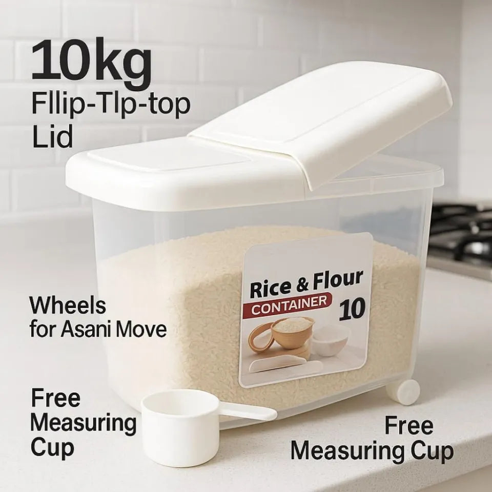 10KG Rice & Flour Storage Container β Airtight Kitchen Grain Box with Wheels & Measuring Cup