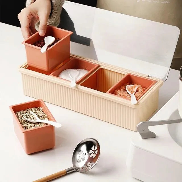 4 Partition Spice Box with Lid & Spoons β Kitchen Masala Organizer | Multipurpose Condiment Storage Container