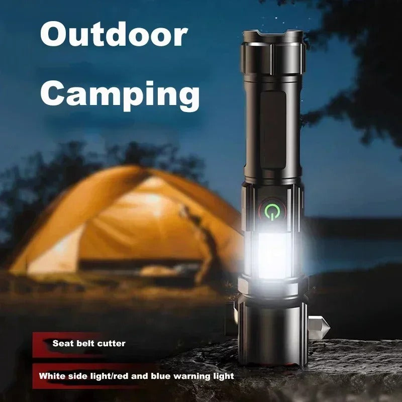 Rechargeable Metal Torch with Safety Hammer β LED Flashlight for Emergency, Car & Outdoor Use