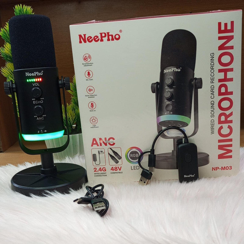 NeePho NP-M03 Podcast Microphone β RGB Condenser Mic with Stand & Noise Reduction
