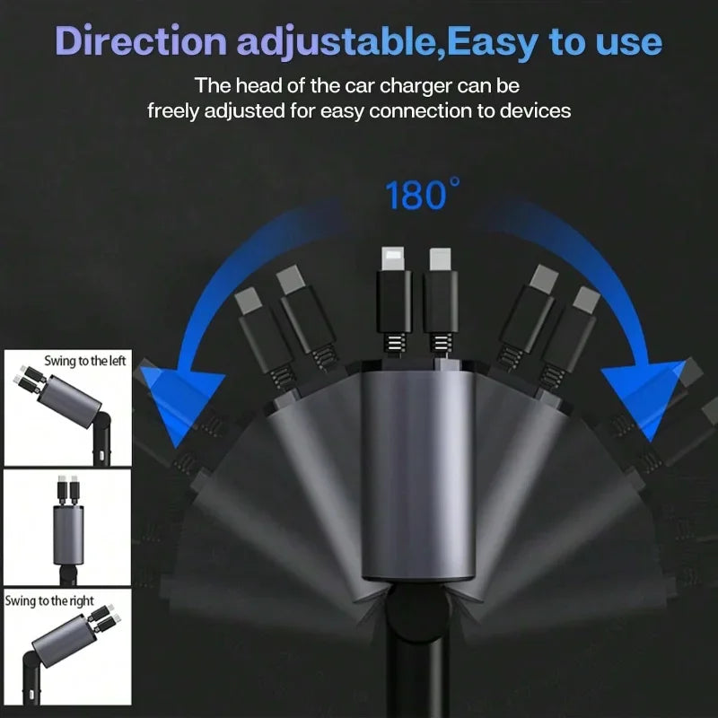 4-in-1 Retractable Car Charger ā Fast Charging Multi Cable Car Adapter (Type-C, iPhone, USB)