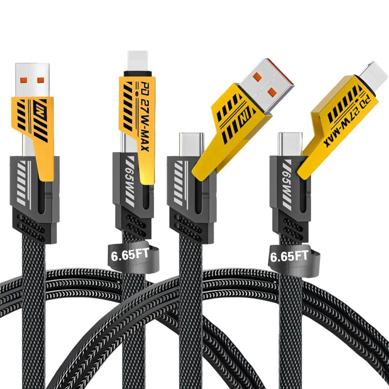 Pack of 2 4-in-1 Multi Charging Cable 65W โ Fast Charging USB to Type-C, Lightning & Micro USB