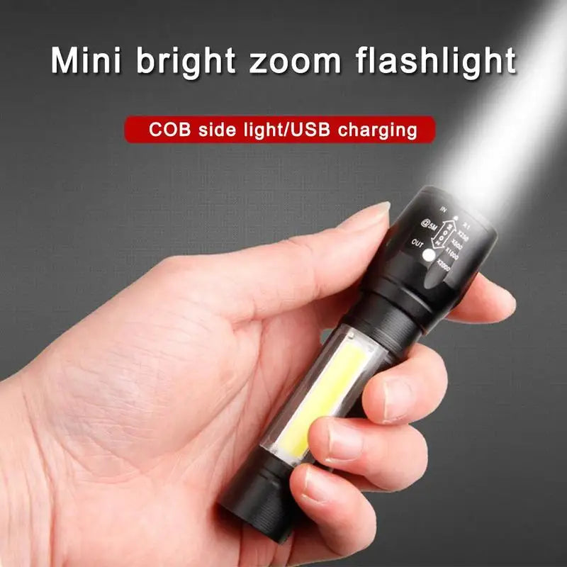 Mini USB Rechargeable Flashlight β COB LED Zoom Torch with Side Light (3 Modes)