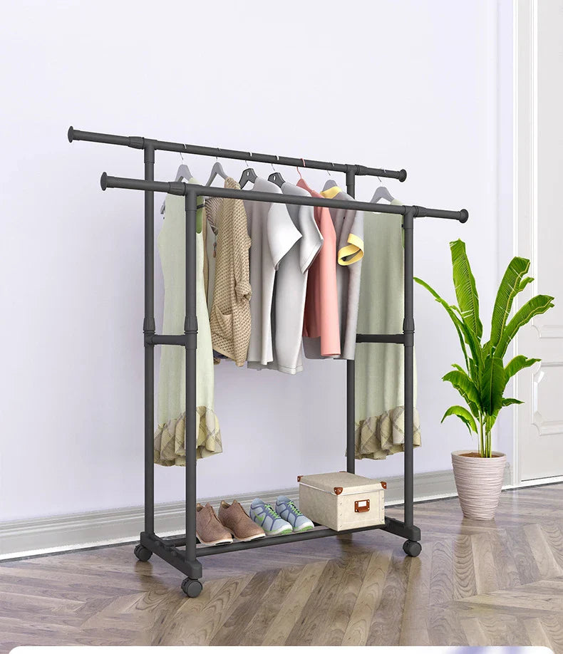 Heavy Duty Clothes Rack with Shoe Shelf (50KG) β Industrial Metal Garment Stand with Wheels