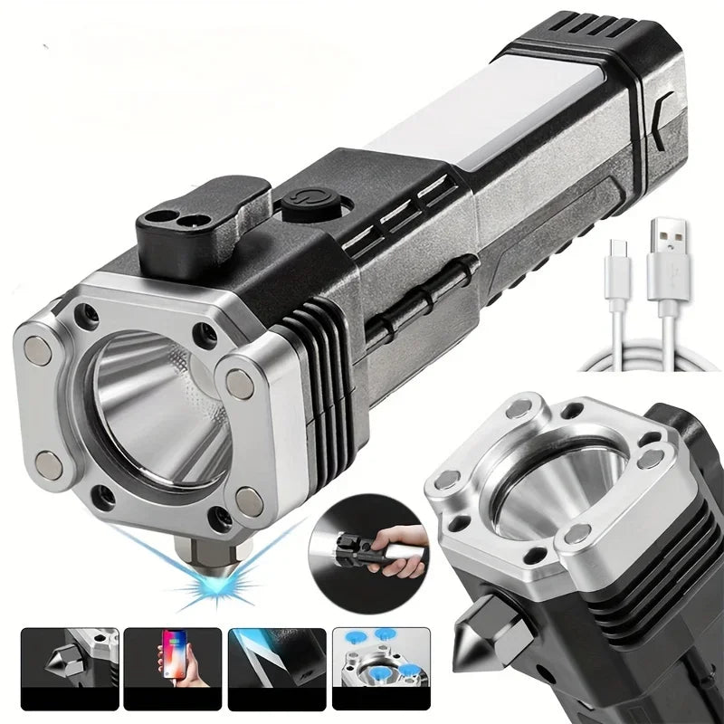 COB Auxiliary Flash Light β Rechargeable Multi-Function LED Torch with Safety Hammer & Emergency Light