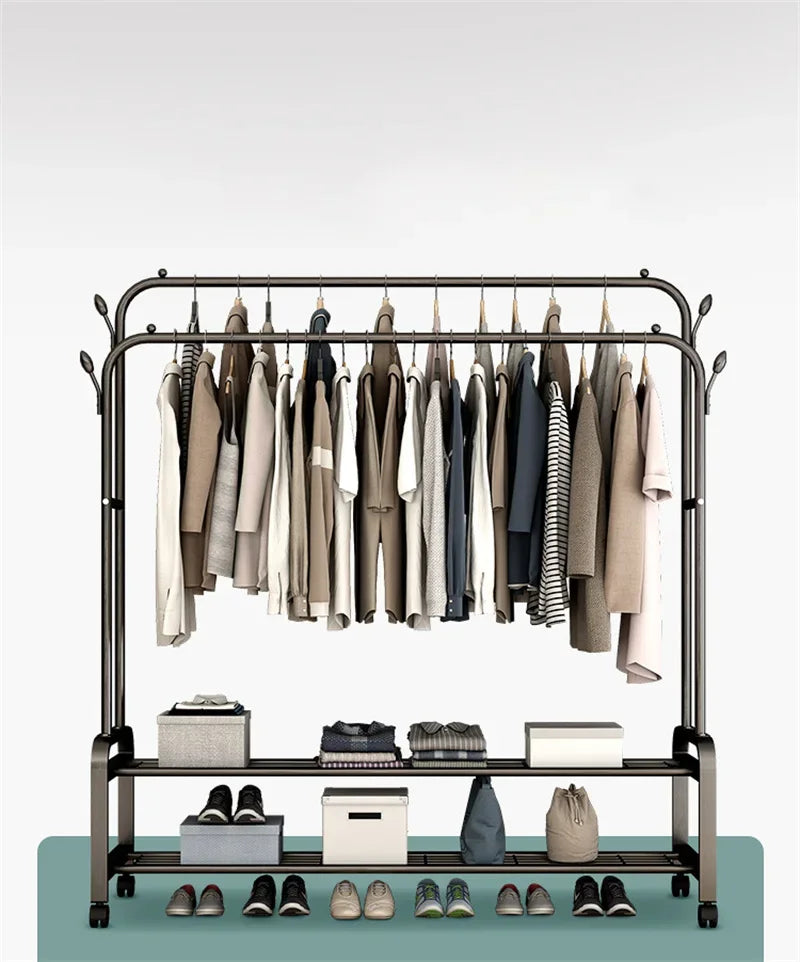 Heavy Duty Hanging Cloth Rack (48KG) β Double Rod Garment Stand with Wheels & Storage Shelf