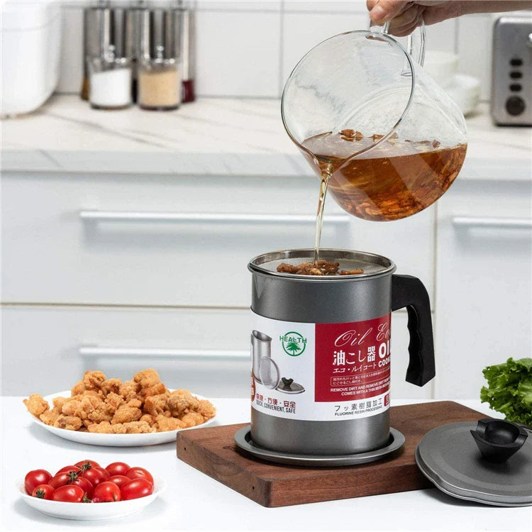 Stainless Steel Oil Pot 1.4L β Oil Strainer Container with Filter | Kitchen Oil Storage & Reuse Pot