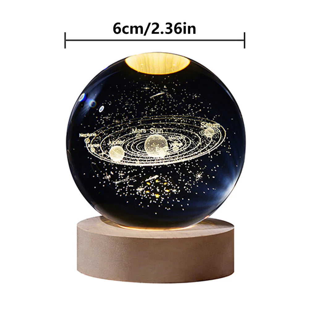 3D Galaxy Crystal Ball Lamp β LED Night Light | Solar System Glass Lamp with Wooden Base