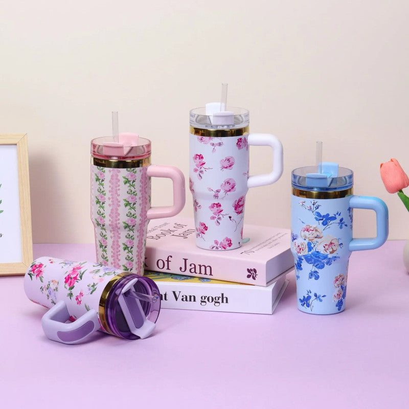 Floral Tumbler with Handle β Insulated Flower Design Cup with Straw