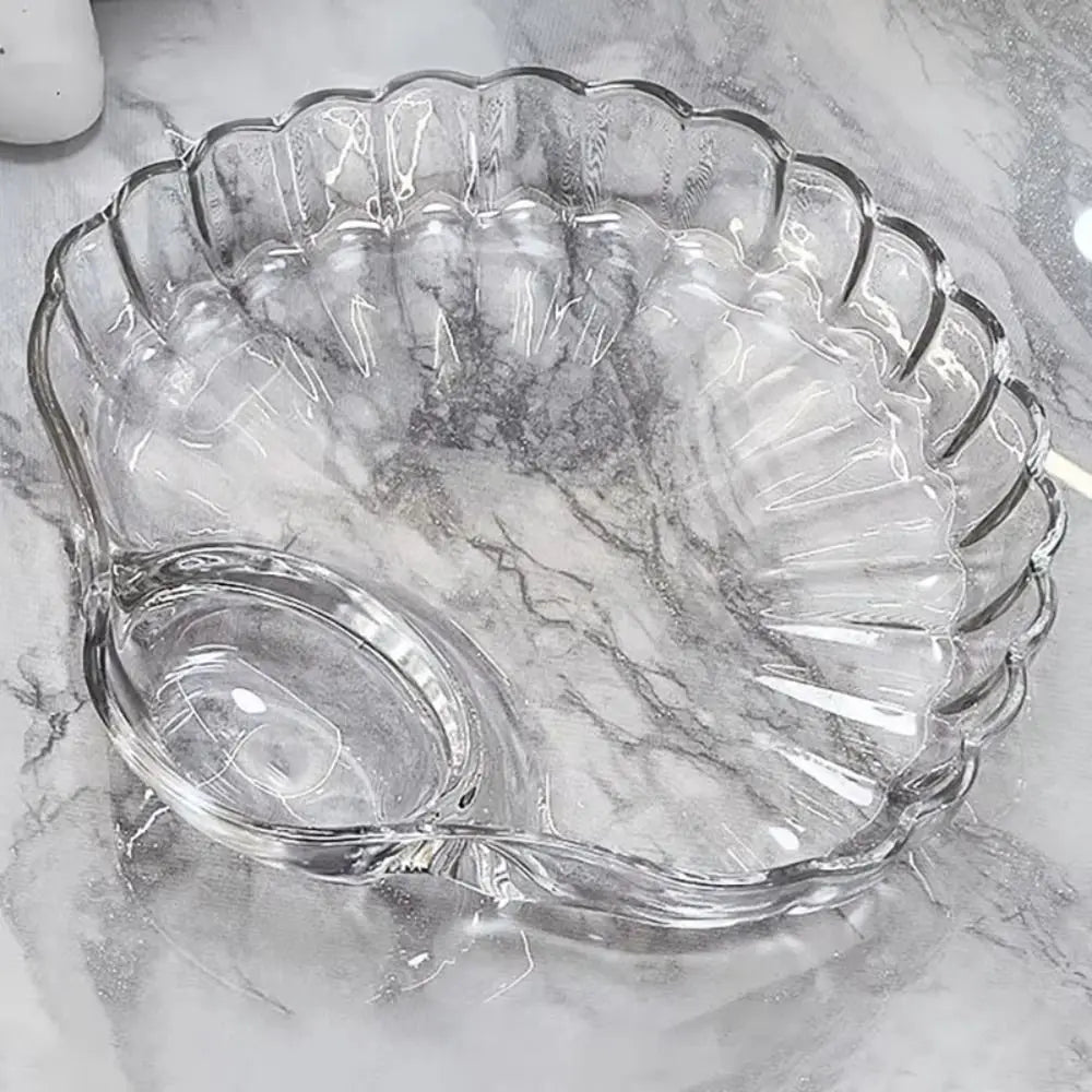 Pack of 2 Crystal Sea Shell Plate β Elegant Glass Serving Plate with Sauce Compartment