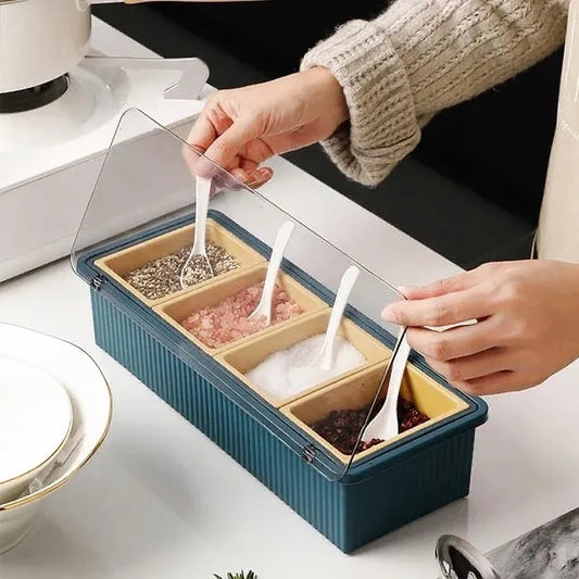 4 Partition Spice Box with Lid & Spoons – Kitchen Masala Organizer | Multipurpose Condiment Storage Container