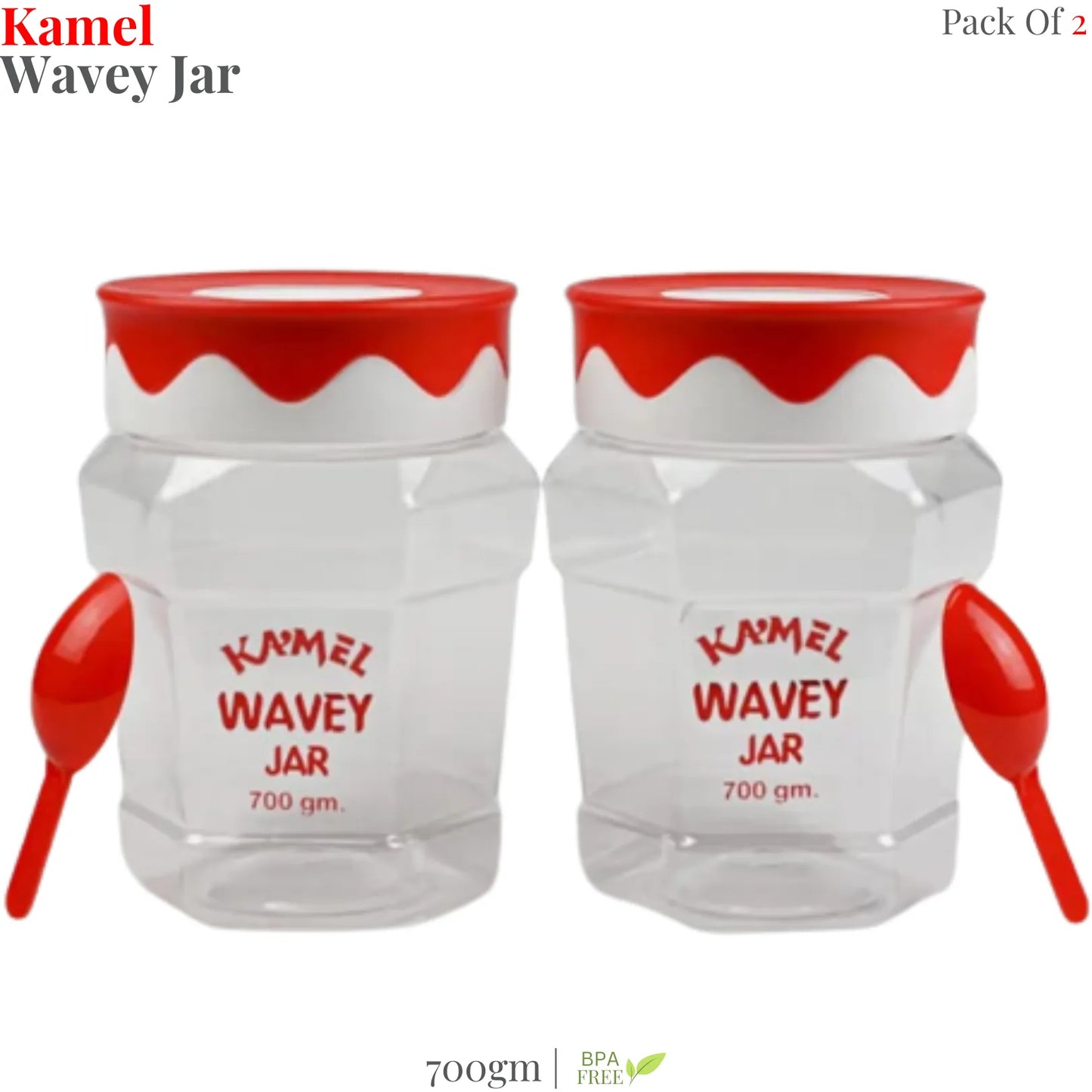 Kamel Wavey Jar 700gm (Pack of 2) – BPA Free Storage Jar with Spoon