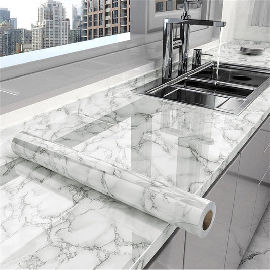 White Marble Sticker Sheet (60x200cm) – Self Adhesive Kitchen Countertop & Cabinet Cover