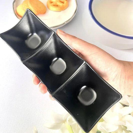 Pack of 3 Black Sauce Dish Set – 3 Compartment Seasoning Plate for Kitchen & Dining