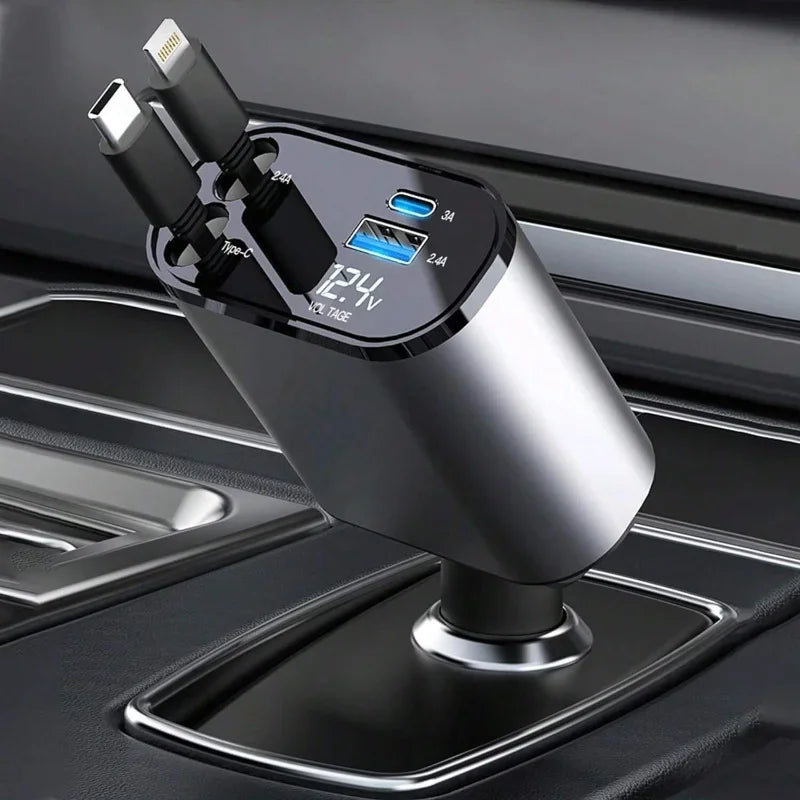 4-in-1 Retractable Car Charger – Fast Charging Multi Cable Car Adapter (Type-C, iPhone, USB)