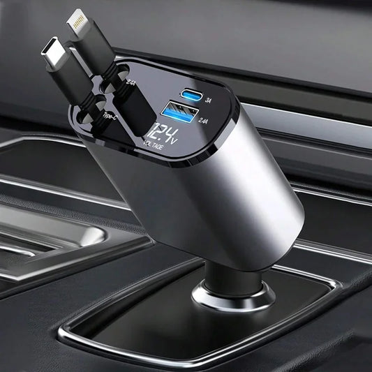 4-in-1 Retractable Car Charger – Fast Charging Multi Cable Car Adapter (Type-C, iPhone, USB)