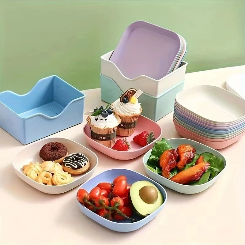10PCS Plate Set with Stand – Multi-Color Snack Plates with Storage Holder | Durable Serving Dish Set