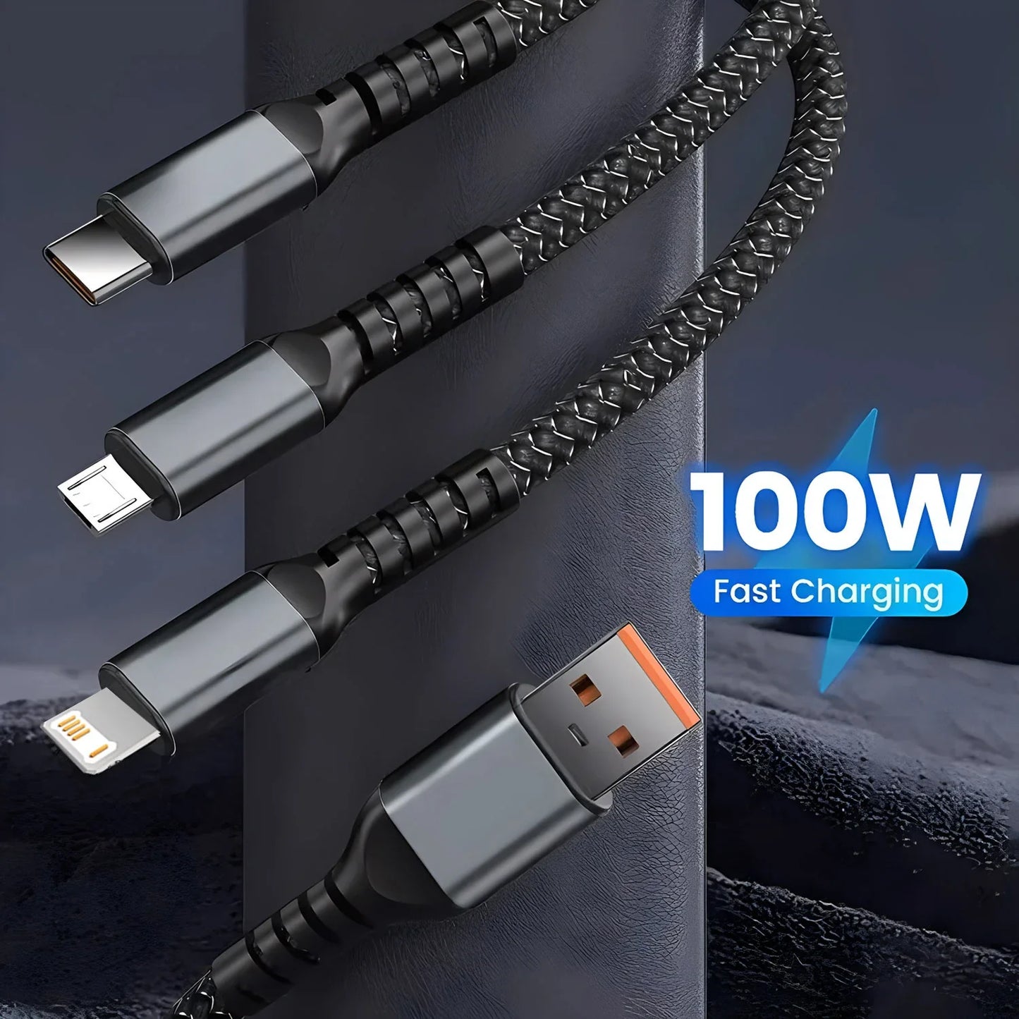 3-in-1 Fast Charging Cable 100W – Multi USB Cable with LED Display (Type-C, Lightning, Micro USB)