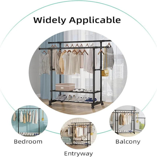 Heavy Duty Clothes Rack with Shoe Shelf (50KG) – Industrial Metal Garment Stand with Wheels