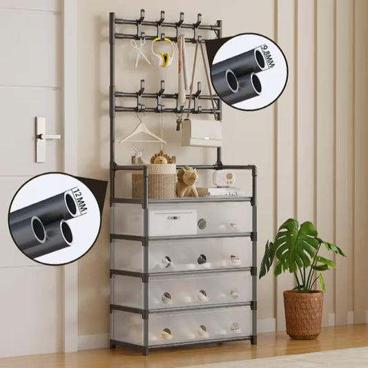 Multi-Functional Dust Proof Shoe Rack with Coat & Hat Stand – Space Saving Organizer with Drawers