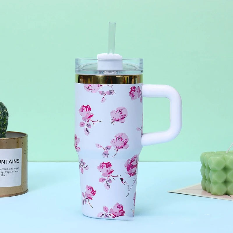 Floral Tumbler with Handle – Insulated Flower Design Cup with Straw