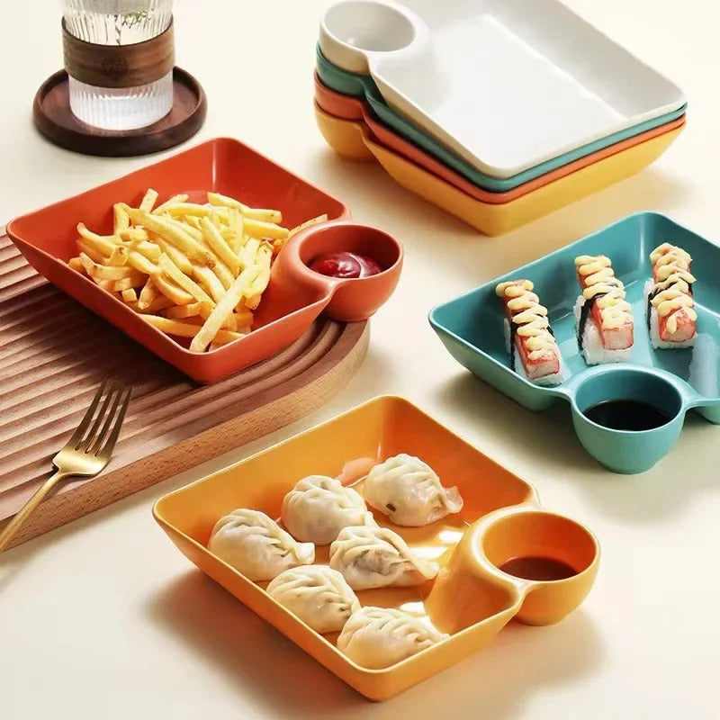 4pcs Dumpling Plate Set with Sauce Holder – Multi-Section Snack & Serving Plates