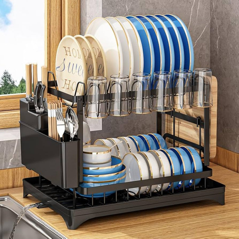 2 Layer Dish Drying Rack (Imported) – Rust Proof Kitchen Organizer with Glass & Knife Holder