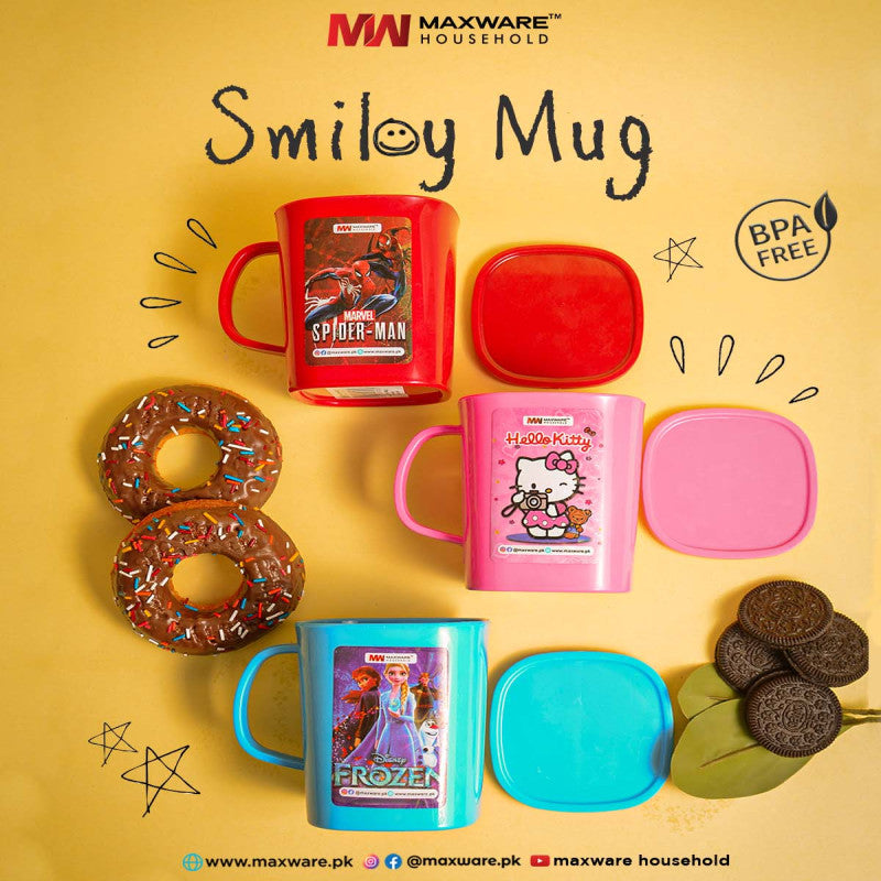 Pack of 2 Smiley Mug with Lid – BPA Free Kids Cartoon Mug (Leak-Resistant Cover)