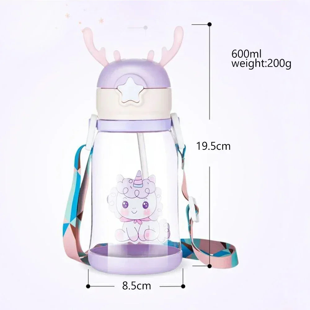 Kids Horn Water Bottle – Cute Cartoon Straw Bottle with Strap (Leakproof & BPA Free)