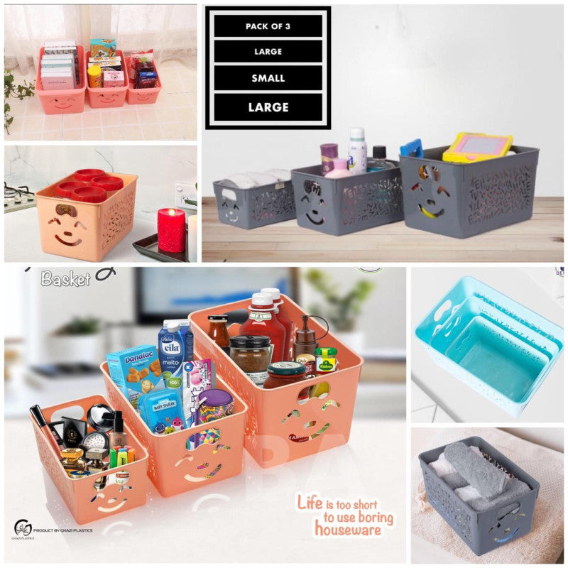 Smiley Storage Box Set (3 Pcs) – Multi Size Organizer with Lid | Cute Plastic Storage Bins