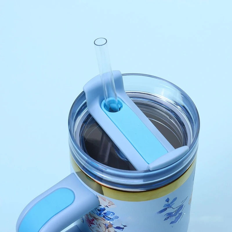 Floral Tumbler with Handle – Insulated Flower Design Cup with Straw
