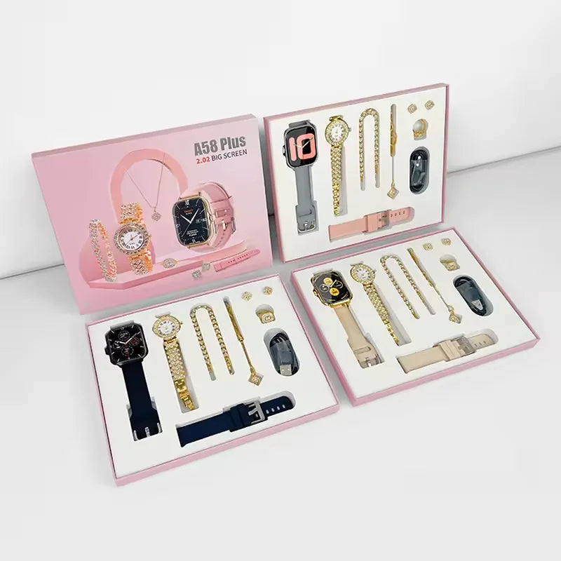 A58 Ladies Smart Watch Gift Set – Couple Watch with Jewelry Combo