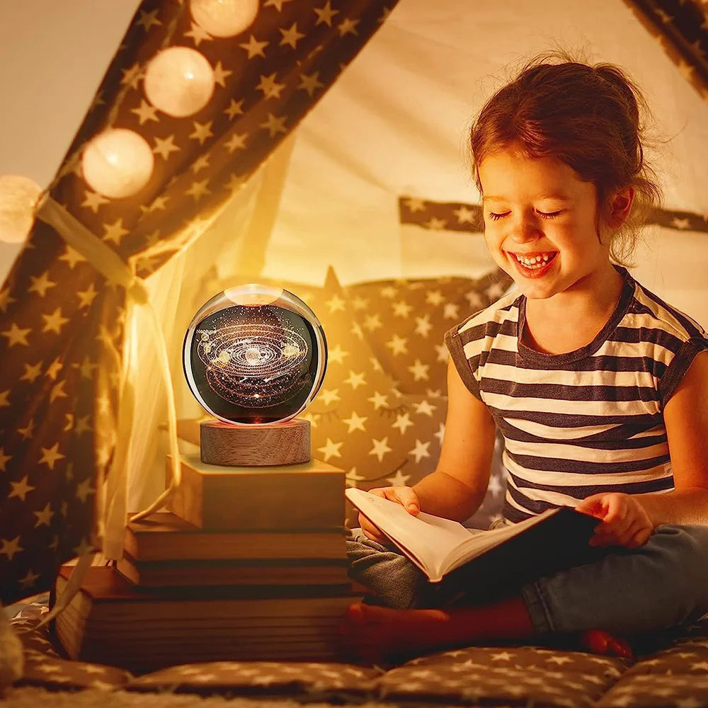 3D Galaxy Crystal Ball Lamp – LED Night Light | Solar System Glass Lamp with Wooden Base