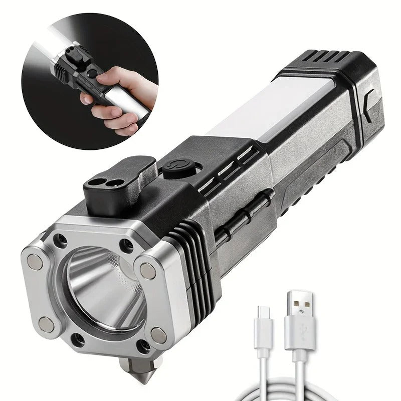 COB Auxiliary Flash Light – Rechargeable Multi-Function LED Torch with Safety Hammer & Emergency Light