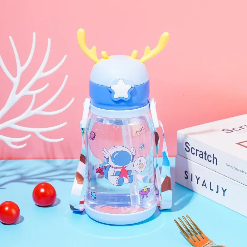 Kids Horn Water Bottle – Cute Cartoon Straw Bottle with Strap (Leakproof & BPA Free)