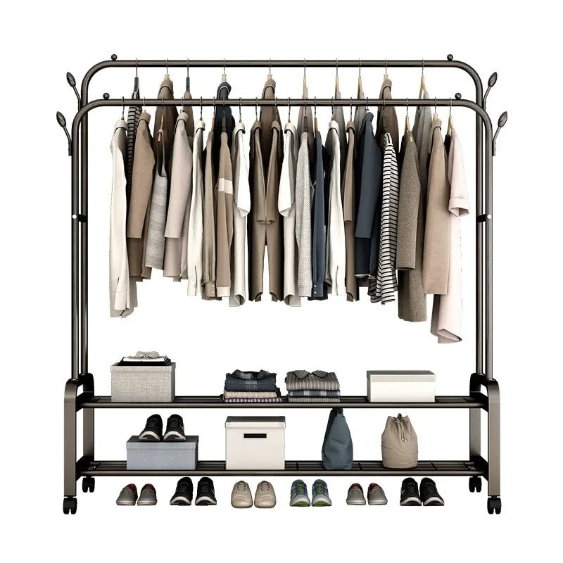 Heavy Duty Hanging Cloth Rack (48KG) – Double Rod Garment Stand with Wheels & Storage Shelf