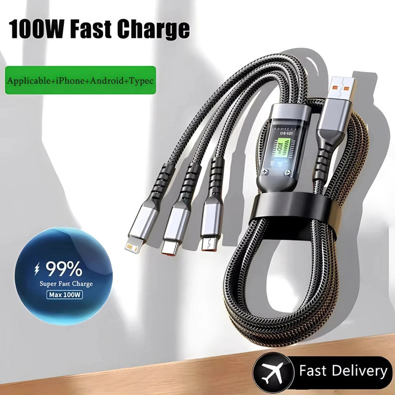 3-in-1 Fast Charging Cable 100W – Multi USB Cable with LED Display (Type-C, Lightning, Micro USB)