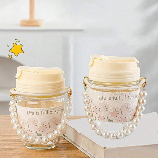 Cute Straw Glass Cup with Pearl Handle – Leakproof Aesthetic Drinking Cup