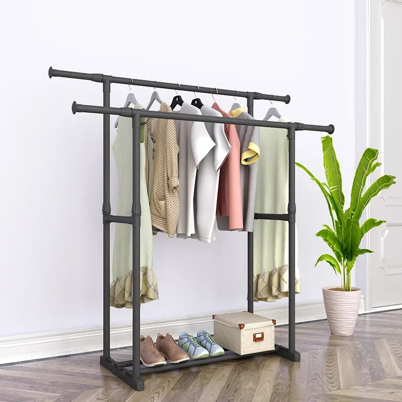 Heavy Duty Clothes Rack with Shoe Shelf (50KG) – Industrial Metal Garment Stand with Wheels