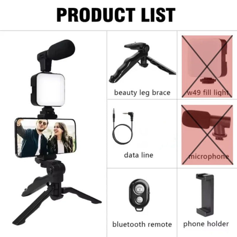 3-in-1 Vlogging Kit – Tripod Stand + LED Fill Light + Microphone Set for Mobile