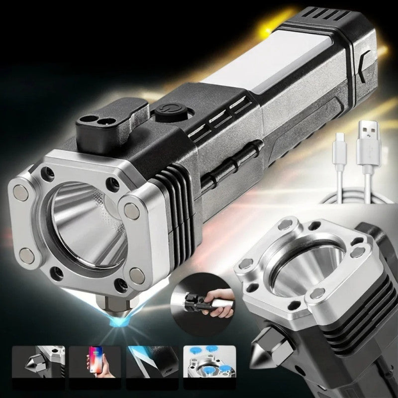 COB Auxiliary Flash Light – Rechargeable Multi-Function LED Torch with Safety Hammer & Emergency Light
