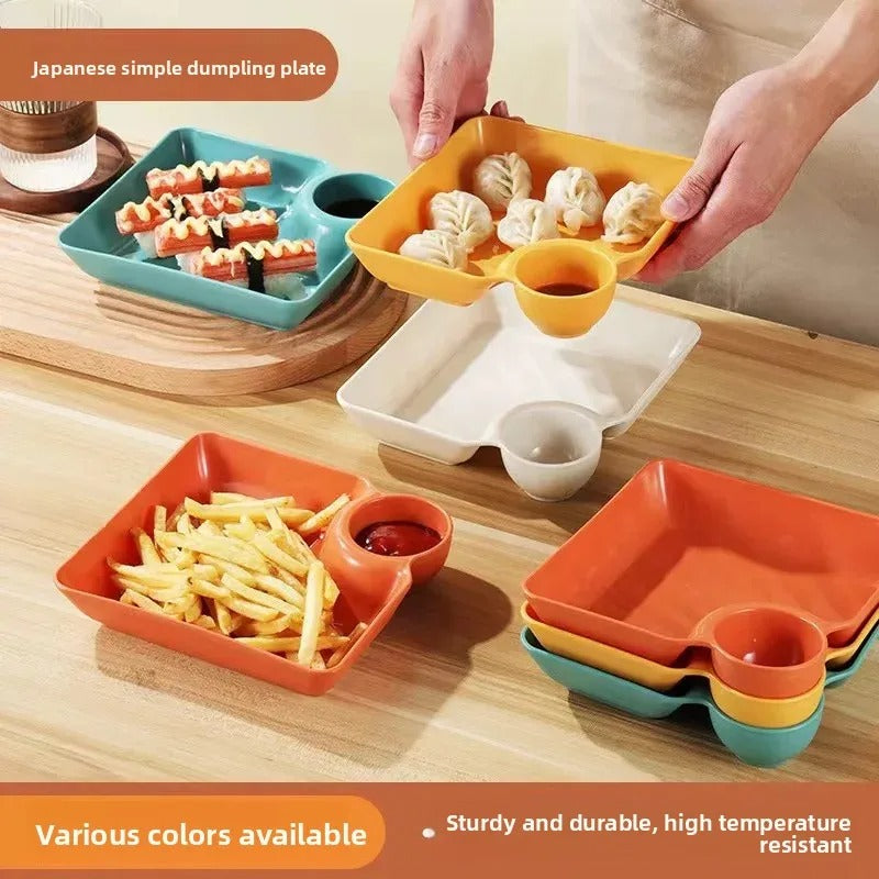 4pcs Dumpling Plate Set with Sauce Holder – Multi-Section Snack & Serving Plates