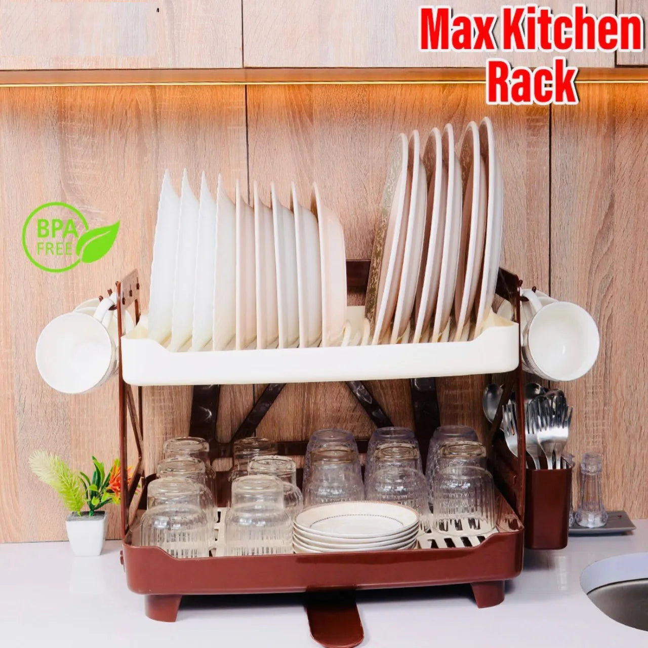 Max Kitchen Plate Stand – 2 Tier Dish Drying Rack with Drain Tray | BPA-Free Kitchen Organizer