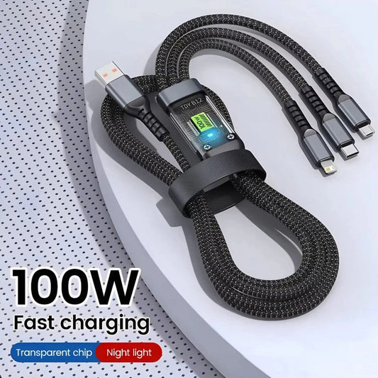 3-in-1 Fast Charging Cable 100W – Multi USB Cable with LED Display (Type-C, Lightning, Micro USB)