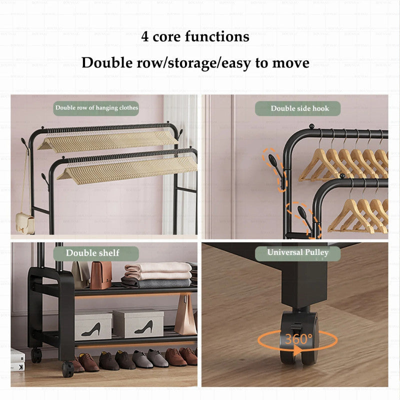 Heavy Duty Hanging Cloth Rack (48KG) – Double Rod Garment Stand with Wheels & Storage Shelf