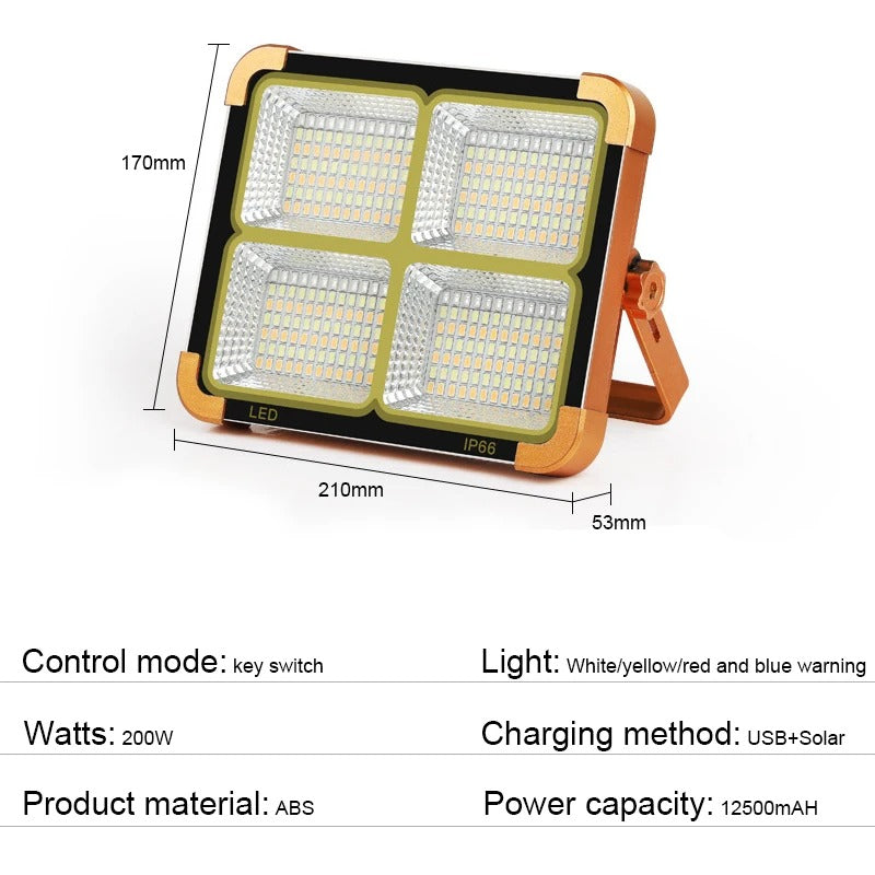 200W Solar LED Flood Light – Rechargeable Dimmable Outdoor Light with USB & Solar Charging (IP66 Waterproof)