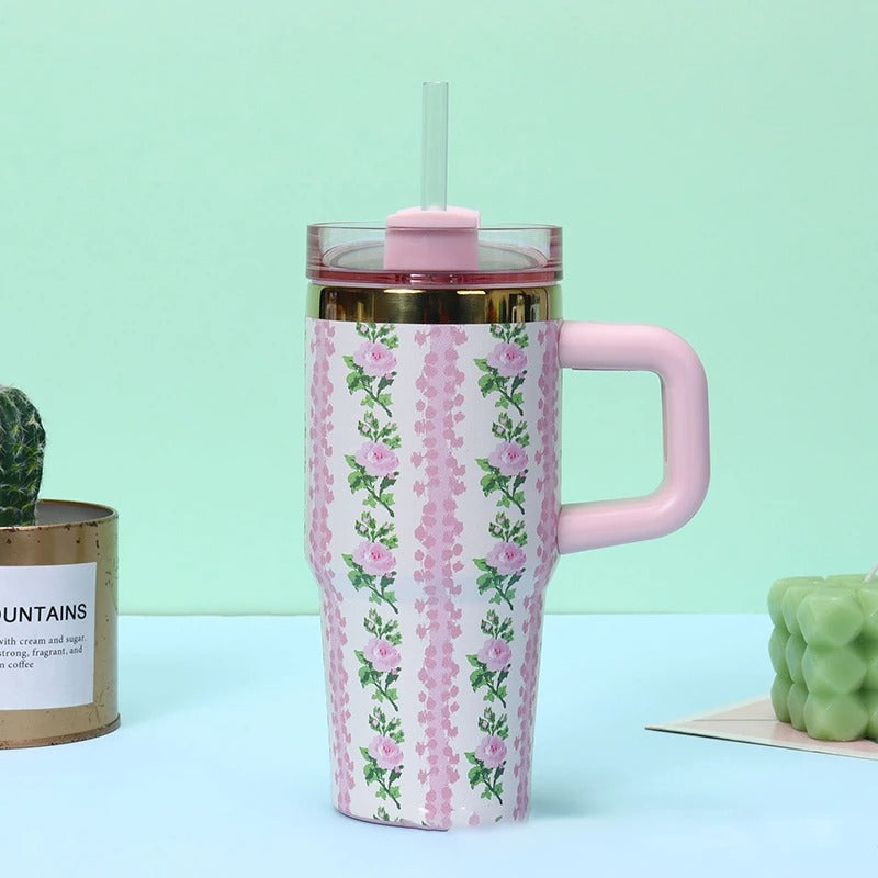 Floral Tumbler with Handle – Insulated Flower Design Cup with Straw