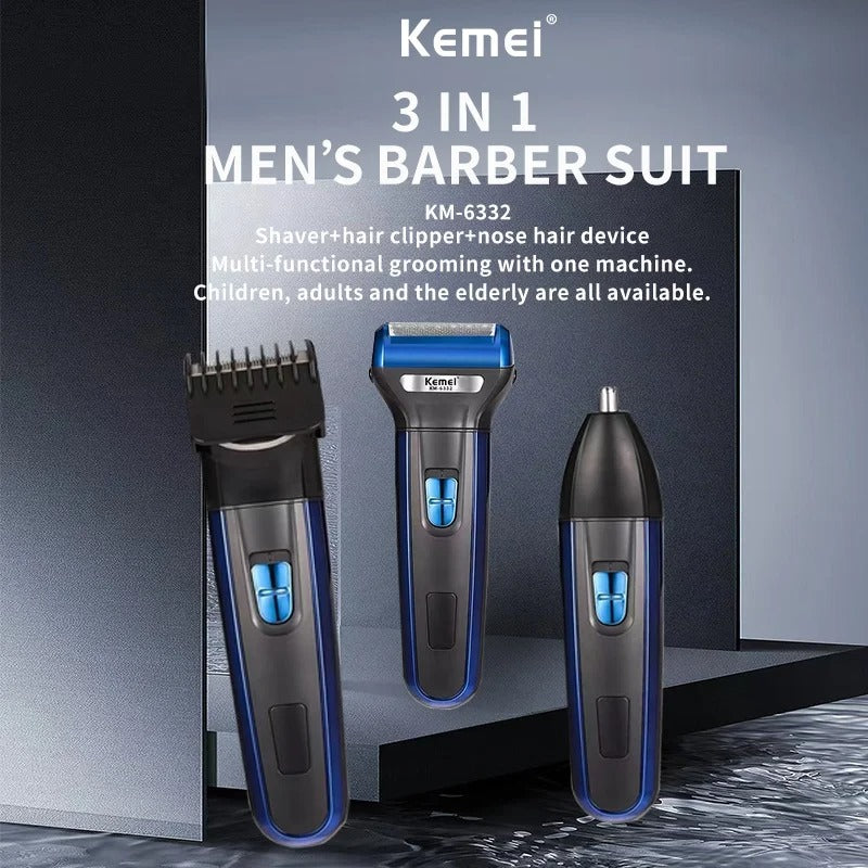 Kemei 3 in 1 Grooming Kit KM-6332 – Hair Clipper, Shaver & Nose Trimmer (Rechargeable)