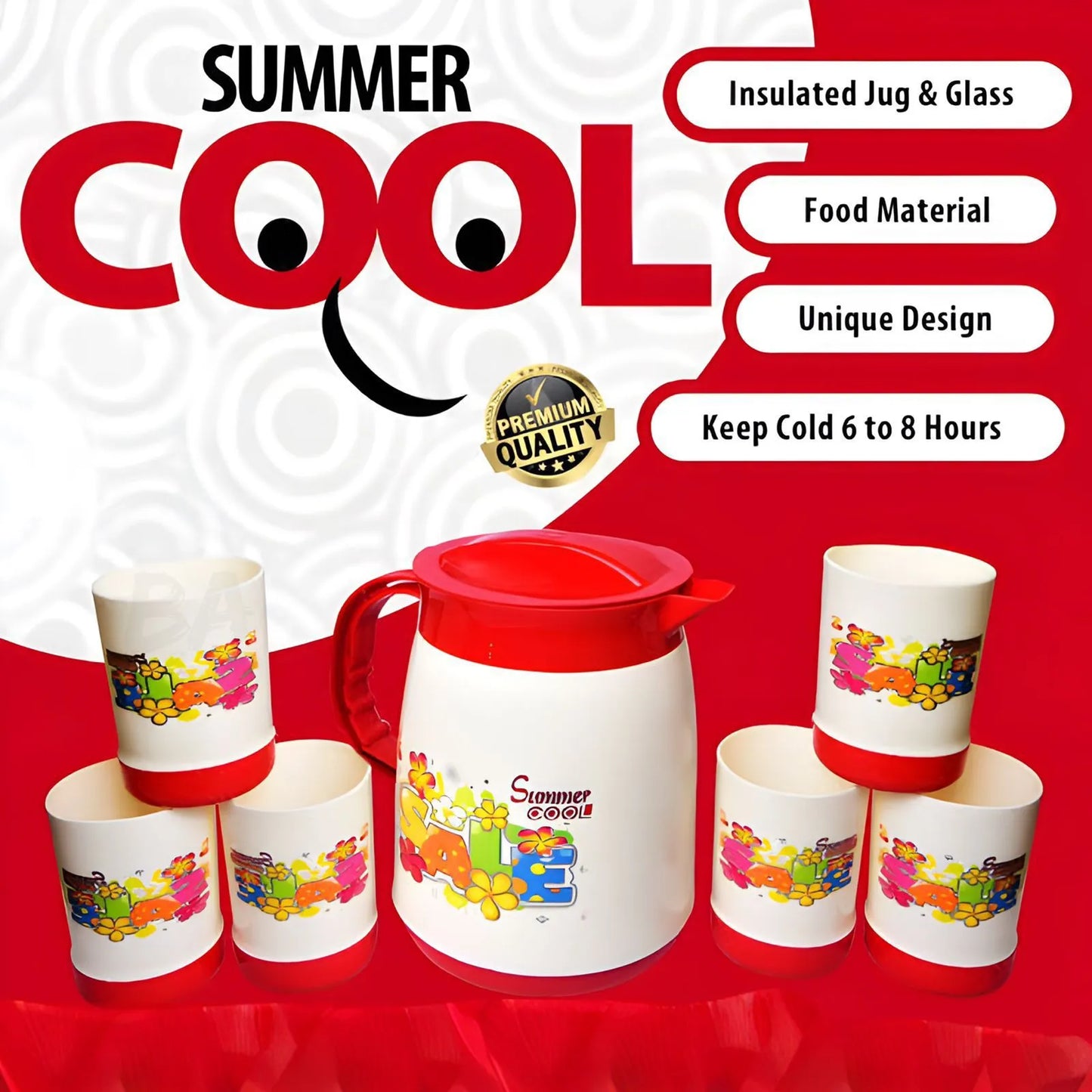 Summer Jug Set with Glasses (7pcs) – Water & Juice Serving Set | Stylish Plastic Pitcher Set