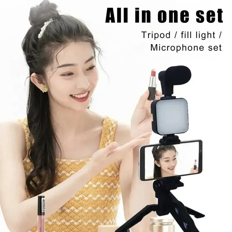 3-in-1 Vlogging Kit – Tripod Stand + LED Fill Light + Microphone Set for Mobile